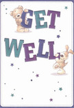 Overflowing with warmth and hope, this get well card beams with the delightful energy found in Herne Hill's local cafes or Sunday markets. Two adorable illustrations-a plush teddy bear and a floppy-eared puppy-seem to leap joyfully from the page, each playfully grasping the large, colourful letters of a 'Get Well' greeting. Deep purples and vibrant teals trace the bold text, softened by a creamy background that feels as inviting as morning light filtering over Brockwell Park. Around them, bright starbursts in gentle blue and purple tones twinkle, infusing the card with a sense of cheerful optimism and magic. The bear's softly textured fur and the puppy's gentle curves draw the eye, radiating a sense of tactile comfort akin to the feeling of freshly tied blooms delivered by Herne Hill Florist. This image isn't just a card-it's a visual hug, a blend of innocence and kindness that carries good wishes and the promise of brighter tomorrows to anyone recovering in the welcoming embrace of SE24.